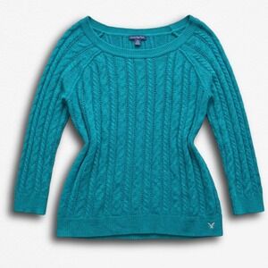 American Eagle Teal Blue Cable Knit Sweater Y2K Scoop Neck Pullover Womens XS